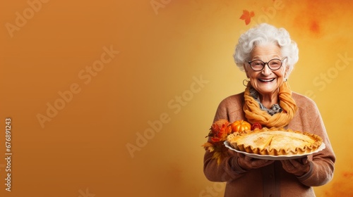 Grandmother holding a pumpkin pie, copyspace