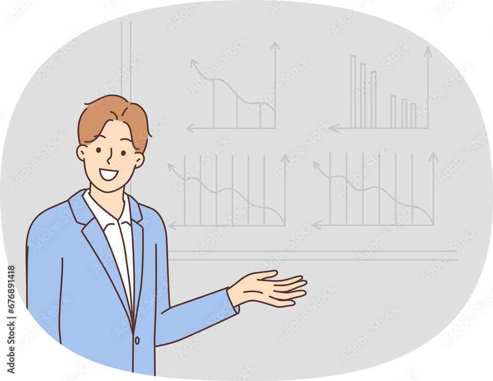 Smiling businessman make financial presentation Smiling businessman make financial presentation