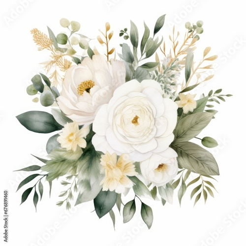 Watercolor floral illustration bouquet - white flowers, rose, peony, green and gold leaf branches collection. Wedding stationary, greetings, wallpapers, fashion, background. Eucalyptus, Generative AI