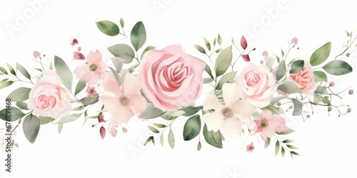 Watercolor floral illustration bouquet set - green leaves, pink peach blush white flowers branches. Wedding invitations, greetings, wallpapers, fashion, prints. Eucalyptus, olive, peony, Generative AI #676891468