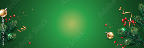 Horizontal banner with gold and red Christmas symbols and a place for text. Christmas tree, golden tinsel confetti and snowflakes on green background. Header for website template.
