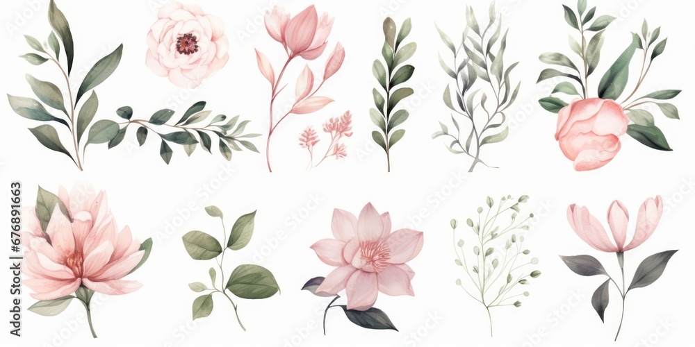 Watercolor floral illustration elements set - green leaves, pink peach blush white flowers, branches. Wedding invitations, greetings, wallpapers, fashion, prints. Eucalyptus, olive,peony,Generative AI - obrazy, fototapety, plakaty 