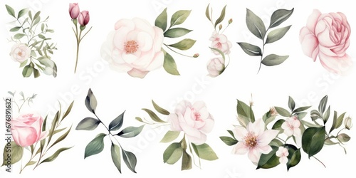 Watercolor floral illustration elements set - green leaves  pink peach blush white flowers  branches. Wedding invitations  greetings  wallpapers  fashion  prints. Eucalyptus  olive peony Generative AI