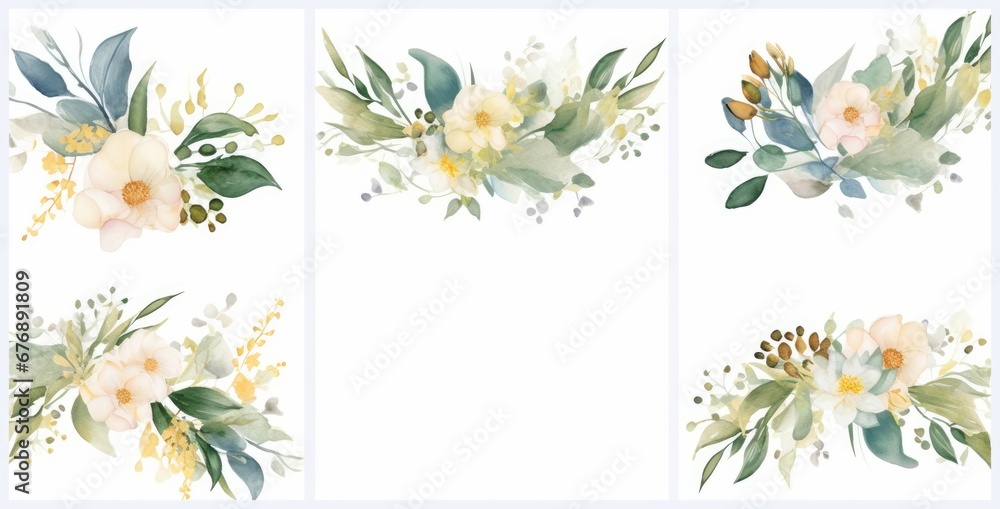 Watercolor floral illustration bouquet - white flowers, rose, peony, green and gold leaf branches collection. Wedding stationary, greetings, wallpapers, fashion. Eucalyptus, olive, Generative AI