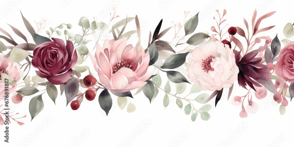 Watercolor floral seamless border green leaves, burgundy maroon pink peach blush white flowers leaf branches. Wedding invitations, greetings wallpapers, fashion, prints. Eucalyptus, rose,Generative AI