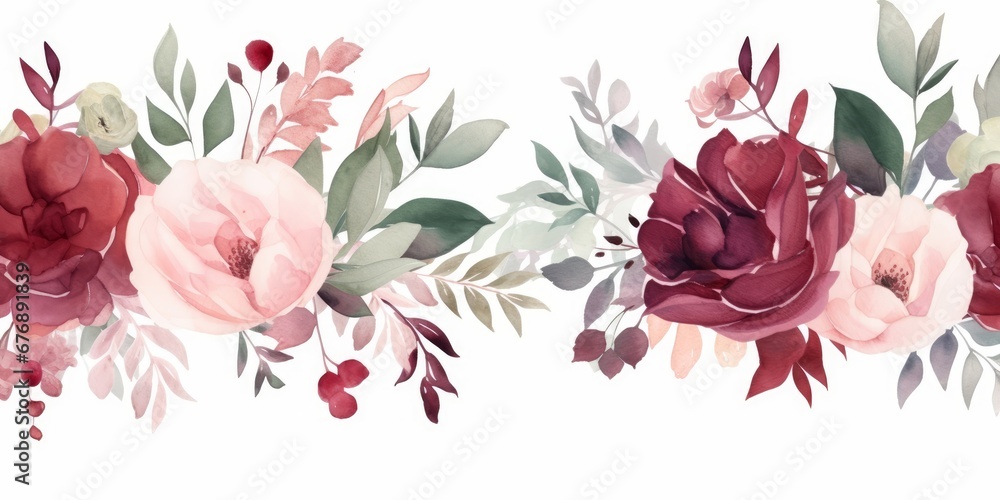 Watercolor floral seamless border green leaves, burgundy maroon pink peach blush white flowers leaf branches. Wedding invitations, greetings wallpapers, fashion, prints. Eucalyptus, rose,Generative AI - obrazy, fototapety, plakaty 