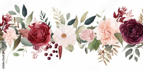 Watercolor floral seamless border green leaves, burgundy maroon pink peach blush white flowers leaf branches. Wedding invitations, greetings wallpapers, fashion, prints. Eucalyptus, rose,Generative AI photo