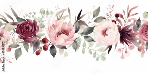 Watercolor floral seamless border green leaves  burgundy maroon pink peach blush white flowers leaf branches. Wedding invitations  greetings wallpapers  fashion  prints. Eucalyptus  rose Generative AI