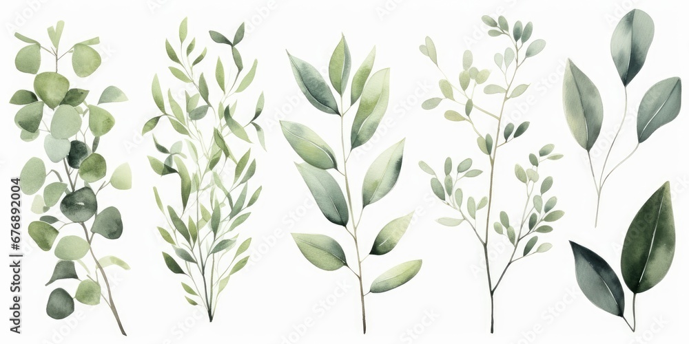Watercolour floral illustration set. Green leaves, green branches collection, eucalyptus, olive. For wedding invitations, anniversary, birthday, prints, Generative AI