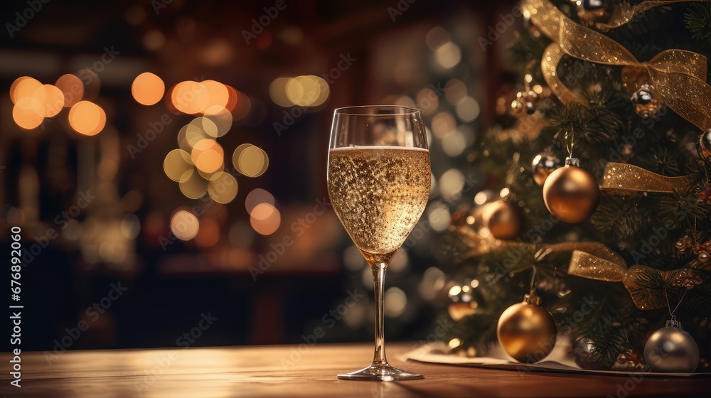 New Year's Eve with champagne.glass of champagne on the table - obrazy, fototapety, plakaty 