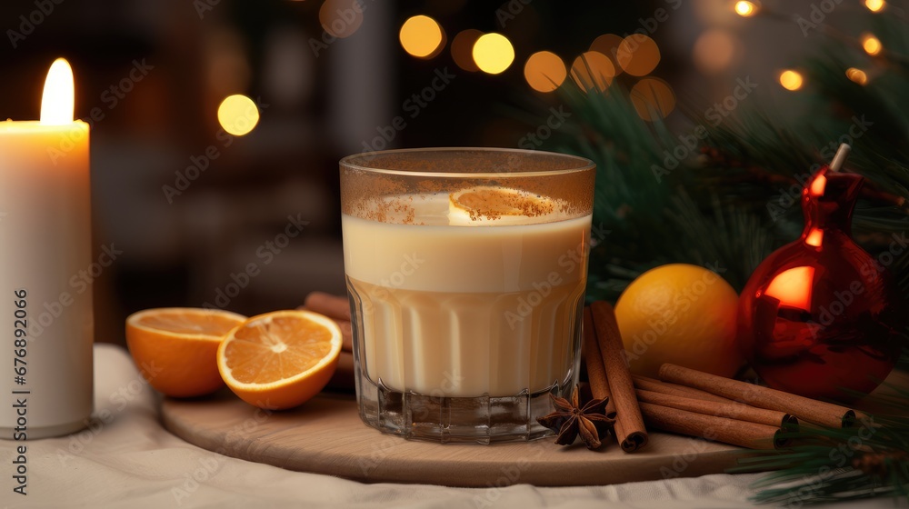 Glass of milk punch with cinnamon powder on whipped egg white on background of pine cones for Christmas Glass of milk punch with cinnamon powder on whipped egg white on background of pine cones for Christmas