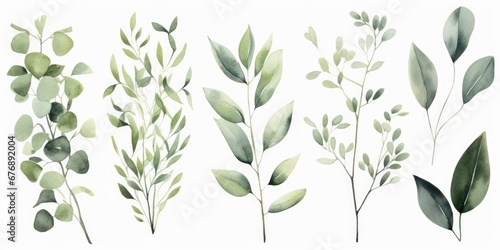 Watercolour floral illustration set. Green leaves  green branches collection  eucalyptus  olive. For wedding invitations  anniversary  birthday  prints  Generative AI