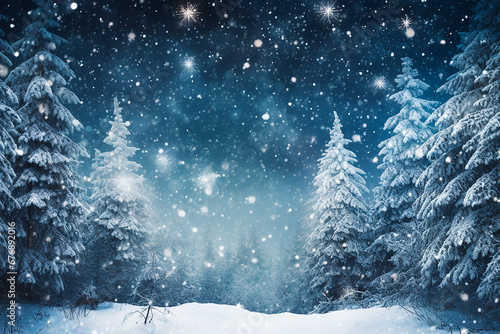 Moody festive Christmas night scene in the woods with Christmas lights and snow