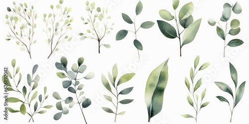 Watercolour floral illustration set. Green leaves  green branches collection  eucalyptus  olive. For wedding invitations  anniversary  birthday  prints  Generative AI