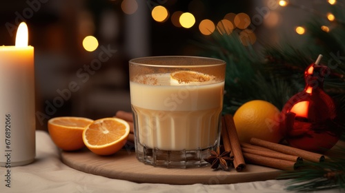 Glass of milk punch with cinnamon powder on whipped egg white on background of pine cones for Christmas