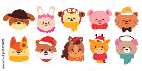 set of hand drawing cartoon animals sticker set. cute animal drawing for winter sticker, icon, winter collection