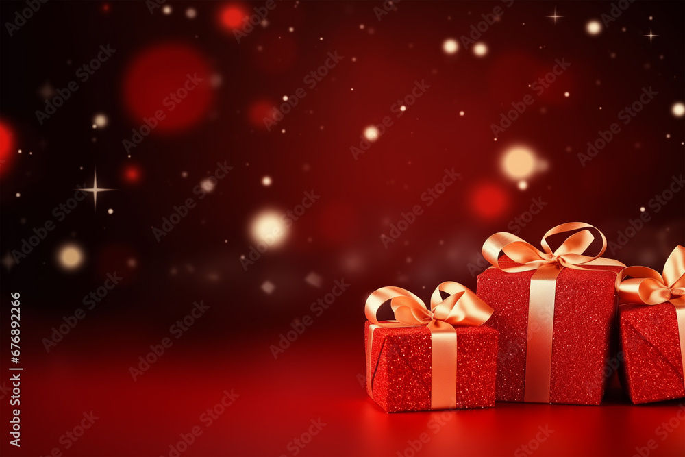 Red gift card with a background of Christmas toys, bringing luxury to the season and looking forward to a Happy New Year Red gift card with a background of Christmas toys, bringing luxury to the season and looking forward to a Happy New Year