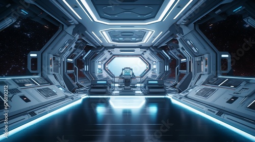 a 3D rendering of a futuristic space station interior with advanced technology and zero gravity.