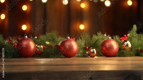 Empty wooden table on the background of a Christmas tree  golden bokeh.Christmas background. Merry Christmas and Happy New Year  Ready product for installation. Layout.