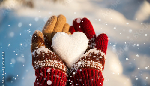 Hands in knitted mittens with heart of snow in a winter day