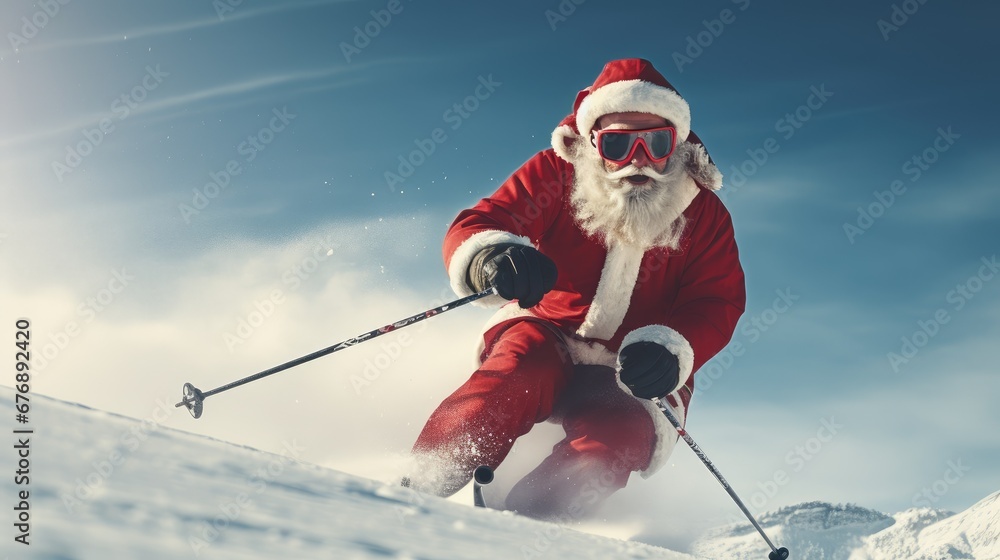 Full length shot of Santa Claus skiing on the mountain. Christmas and winter holidays.