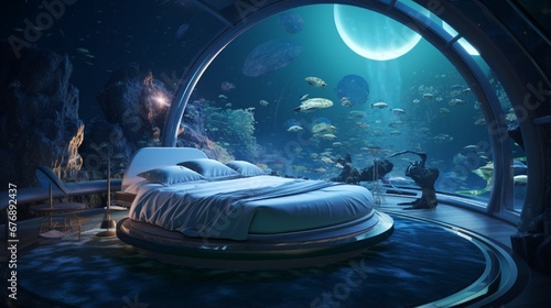 a 3D rendering of a futuristic underwater bedroom with a transparent dome ceiling for stargazing.