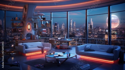 a 3D rendering of a futuristic city apartment with automated features and a holographic entertainment system.