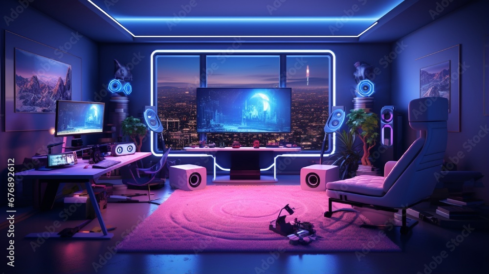 a 3D rendering of a high-tech gaming room with virtual reality equipment and immersive gaming setups. a 3D rendering of a high-tech gaming room with virtual reality equipment and immersive gaming setups.