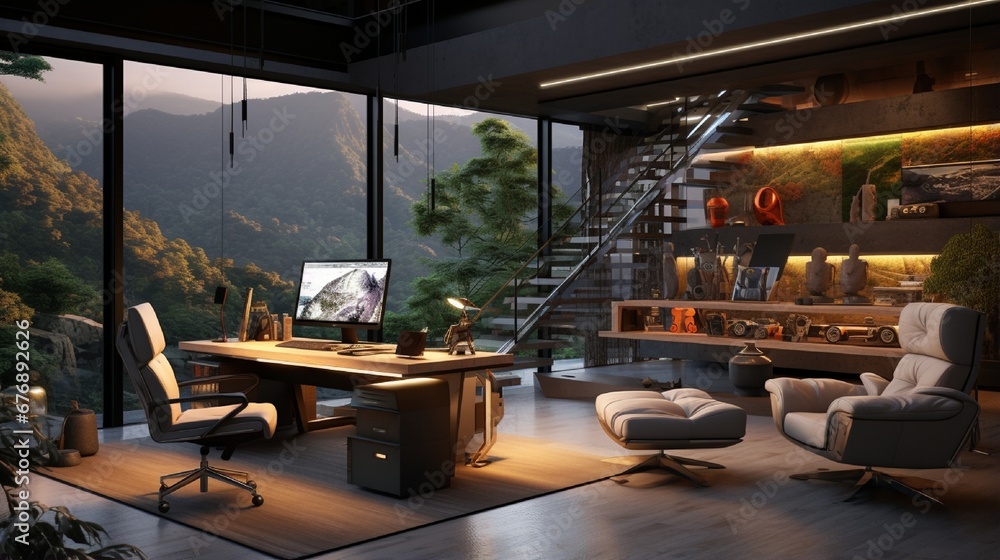 Fototapeta premium a 3D rendering of a high-tech home office with a wall-sized interactive display and ergonomic furniture.