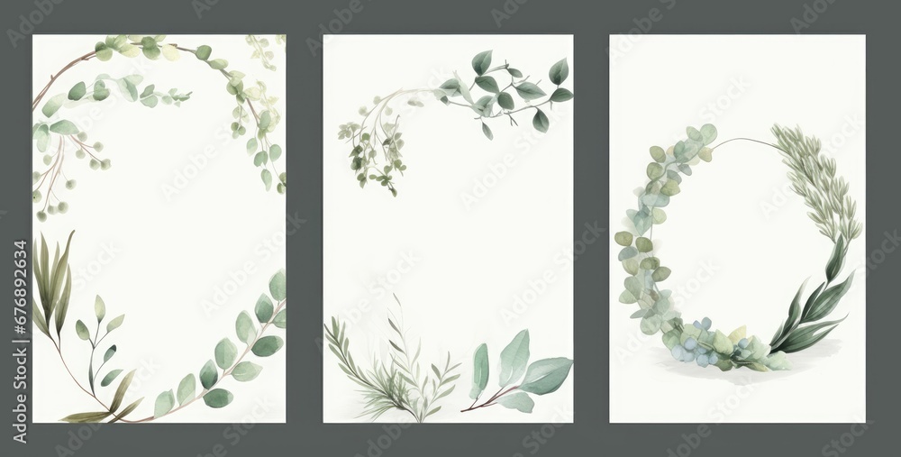 Pre made templates collection, frame, wreath - cards with green leaf branches. Wedding ornament concept. Floral poster, invite. Decorative greeting card, invitation design, birthday, Generative AI