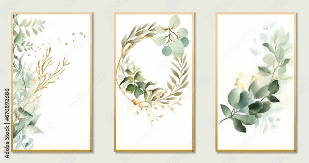 Pre made templates collection, frame - cards with gold and green leaf branches. Wedding ornament concept. Floral poster, invite. Decorative greeting card, invitation design, birthday, Generative AI