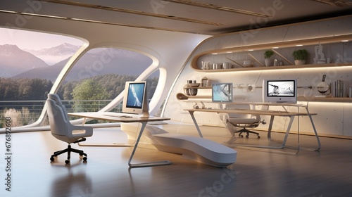 a 3D rendering of a high-tech home office with a wall-sized interactive display and ergonomic furniture.