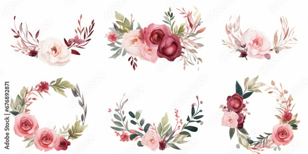 Watercolor floral wreath border bouquet frame collection set green leaves burgundy maroon scarlet pink peach blush white flowers leaf branches. Wedding invitations stationery fashion, Generative AI - obrazy, fototapety, plakaty 