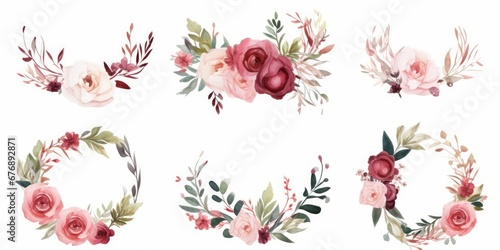 Watercolor floral wreath border bouquet frame collection set green leaves burgundy maroon scarlet pink peach blush white flowers leaf branches. Wedding invitations stationery fashion, Generative AI photo