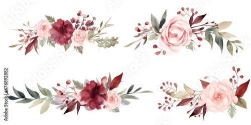 Watercolor floral wreath border bouquet frame collection set green leaves burgundy maroon scarlet pink peach blush white flowers leaf branches. Wedding invitations stationery fashion, Generative AI photo