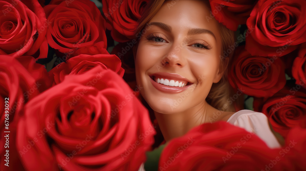 Smiling woman, embracing the beauty of roses. This image captures a moment of celebration and positive emotion, perfect for conveying happiness and appreciation in various projects. Smiling woman, embracing the beauty of roses. This image captures a moment of celebration and positive emotion, perfect for conveying happiness and appreciation in various projects.