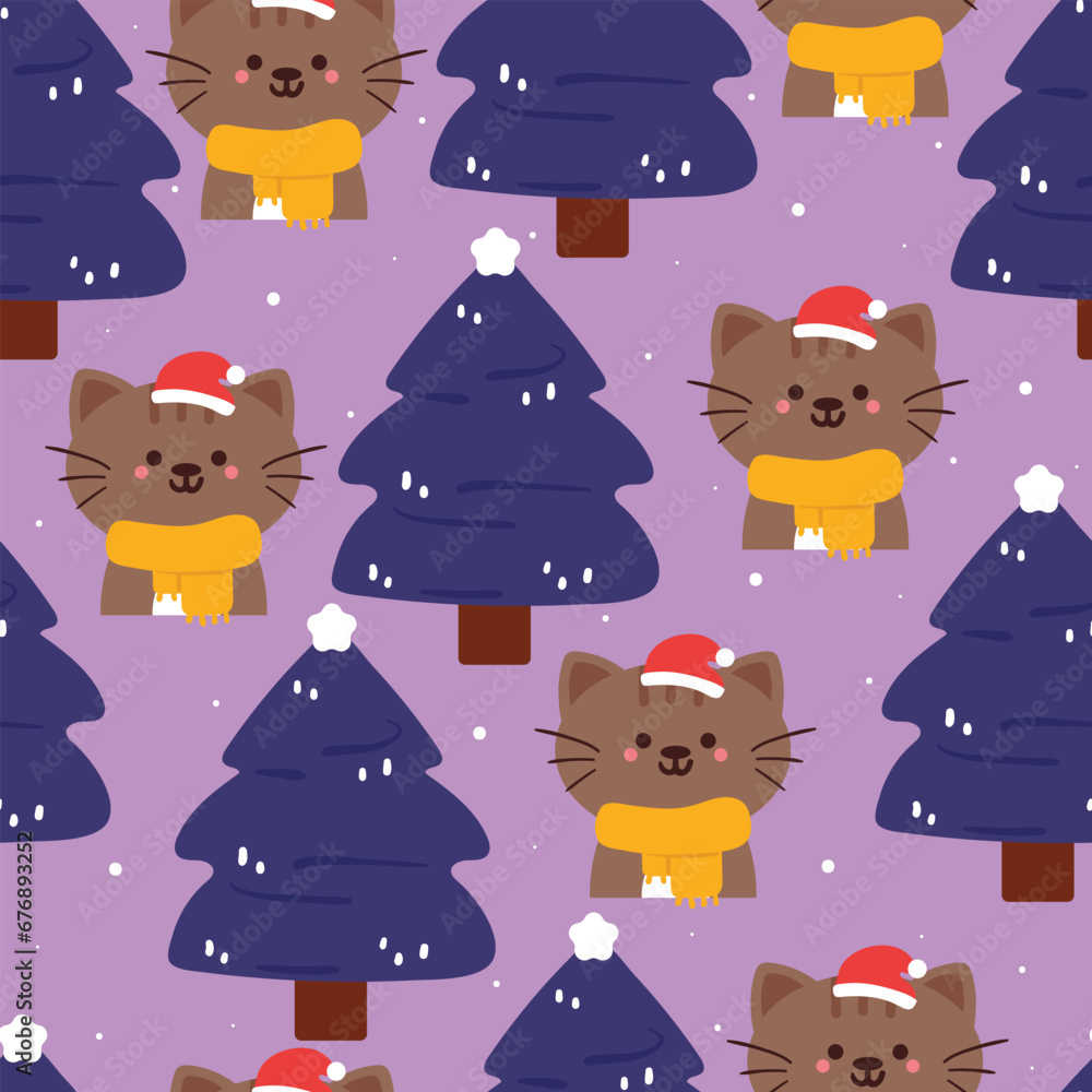 Fototapeta premium cute seamless pattern cartoon cat with tree in winter. cute animal wallpaper for gift wrap paper