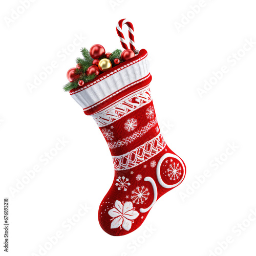 Isolated Christmas stocking on a transparent PNG background. photo