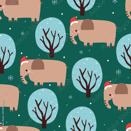 seamless pattern cartoon elephant and tree in winter day. cute Christmas wallpaper for gift wrap paper
