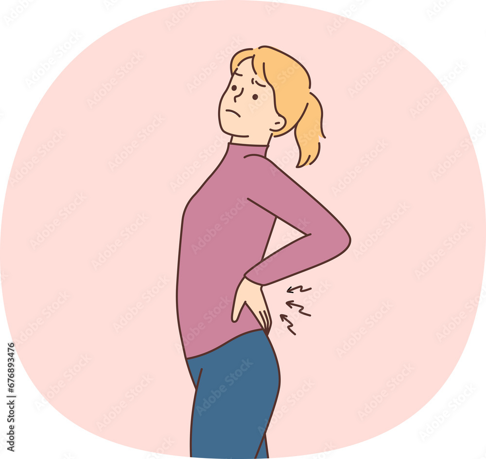 Unhealthy woman stretch suffer from backache Unhealthy woman stretch suffer from backache