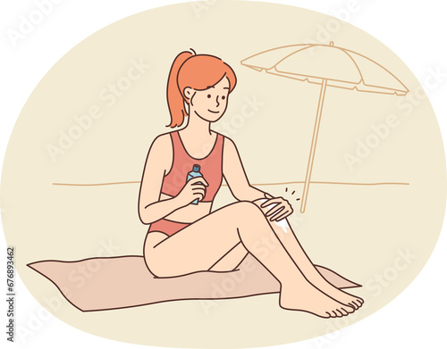 Smiling woman apply sunscreen sunbathing on beach