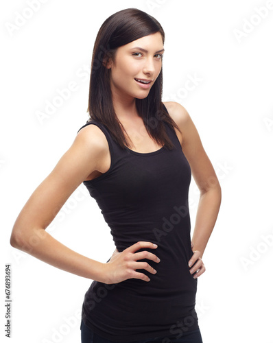 Young woman, portrait and fashion for health or wellness against a white studio background. Face and body of attractive female person or model smile with hands on hips in casual clothing on mockup