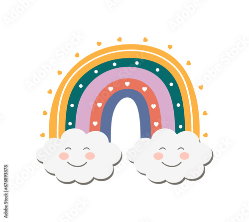 Cute rainbow and smiling clouds. Flat illustration of colorful rainbow with two white clouds, decorated of hearts for baby shower, birthday, children's party, clothing prints, greeting cards. Vector