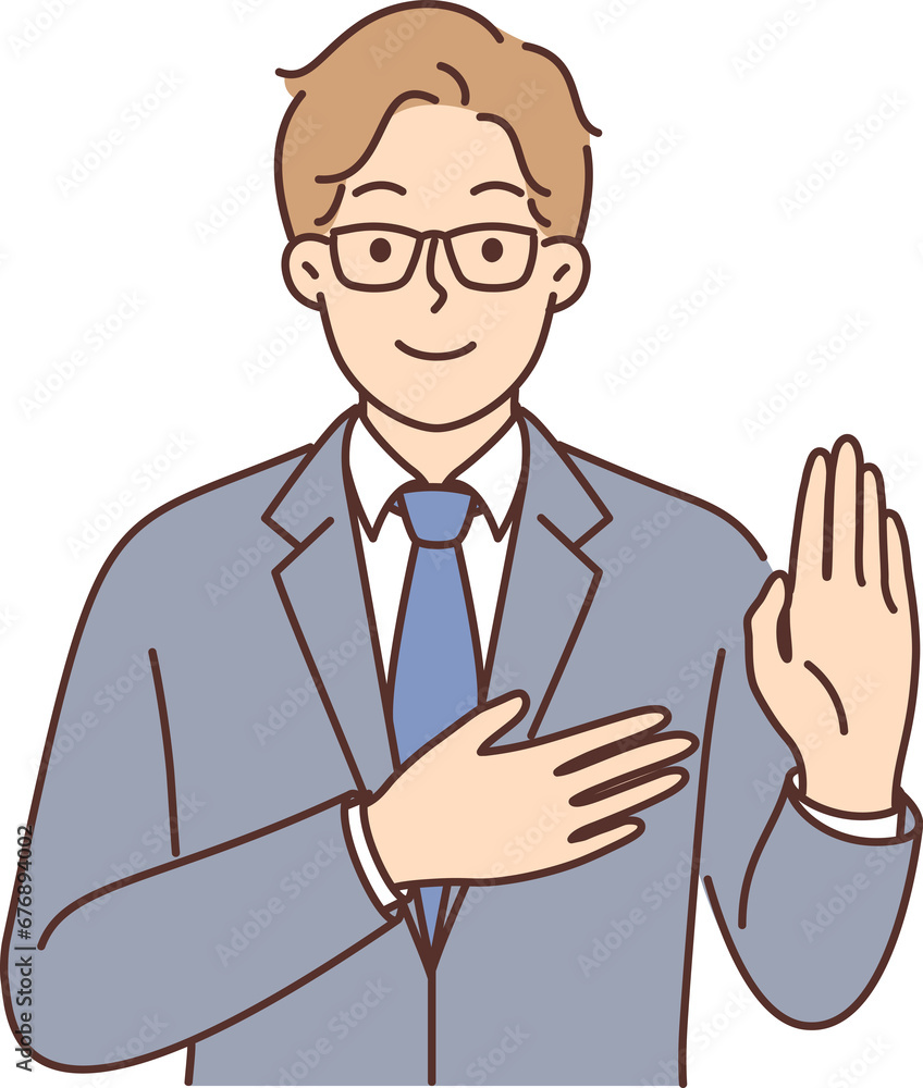 Man politician swear and put hand on heart giving oath of allegiance when entering public service Man politician swear and put hand on heart giving oath of allegiance when entering public service