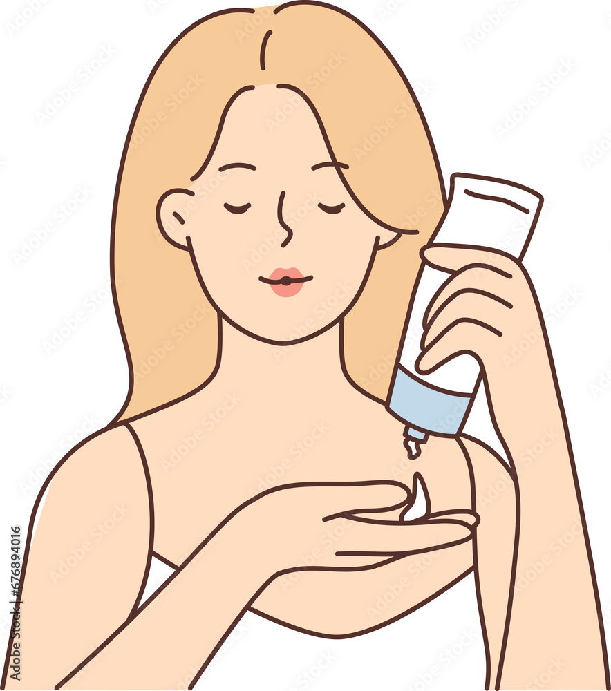 Woman uses facial moisturizer cream and holds tube, squeezing anti-aging lotion into palm Woman uses facial moisturizer cream and holds tube, squeezing anti-aging lotion into palm
