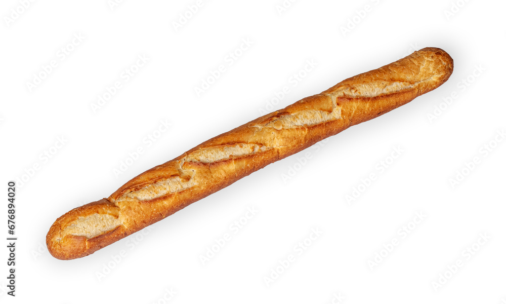 A long loaf of French baguette on a white background A long loaf of French baguette on a white background