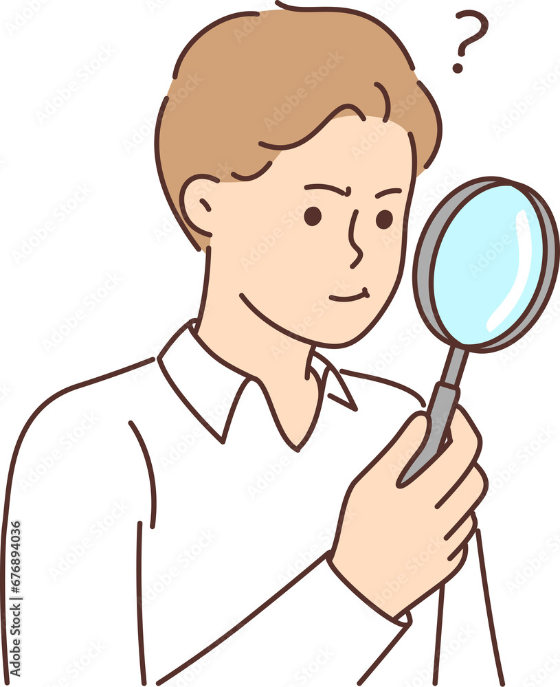 Man with magnifying glass works as private detective and tries to find small clues with loupe Man with magnifying glass works as private detective and tries to find small clues with loupe