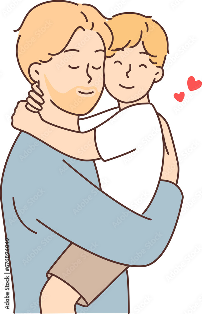 Happy father holds and hugs little son after long separation or returning from vacation Happy father holds and hugs little son after long separation or returning from vacation