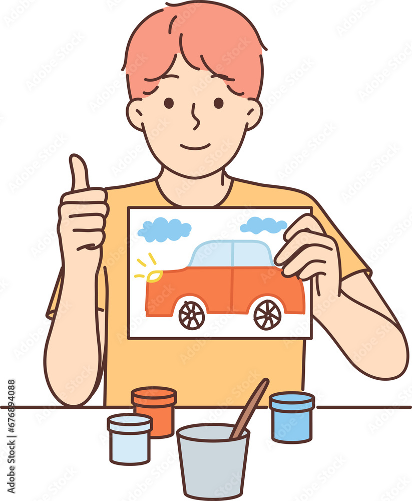 Little artist boy with drawing in hands, showing thumbs up to giving feedback on new children paints Little artist boy with drawing in hands, showing thumbs up to giving feedback on new children paints