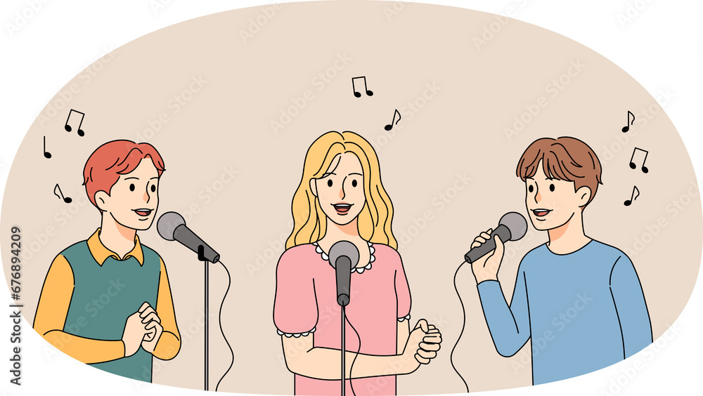 Happy children singing in microphones Happy children singing in microphones